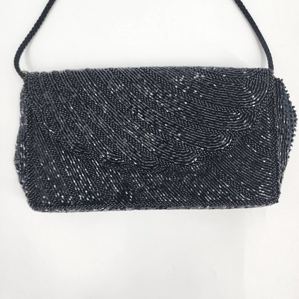 Bonwit Teller Vintage Beaded Evening Bag Long Strap Crossbody‎ Black